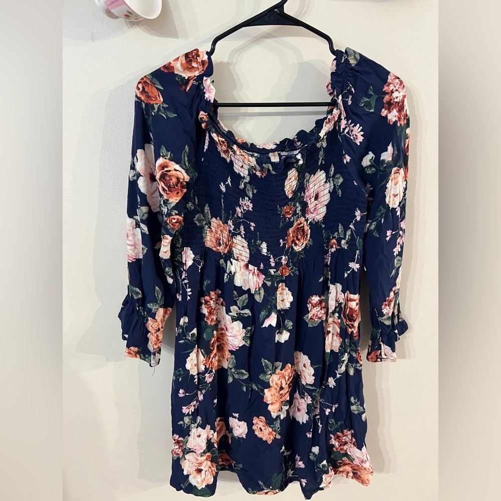 Navy floral off the shoulder smocked dress